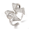 Bowknot Brass Micro Pave Clear Cubic Zirconia Open Cuff Rings for Women RJEW-C098-11P-1