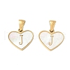 304 Stainless Steel Pave Natural White Shell Heart with Initial Slice Pendants STAS-R168-25G-J-1