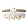 3Pcs 3 Styles Cross Round Wood & Disc Sea Shell Beaded Stretch Bracelet Sets BJEW-JB10312-1