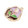 Brass Enamel & Natural Pearl Oval with Rose Flower Pendants KK-K351-47G-01-2