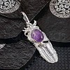 Vintage Natural Amethyst Alloy Feather Pendant Necklace for Women Men AO2435-4-1