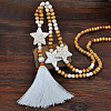 Synthetic Turquoise Star Tassel Wood Round Beaded Long Necklaces FS-WGB2C24-01-3