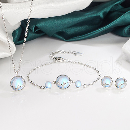 Flat Round with Deer Horn Pattern Brass & Resin Imitation Moonstone Pendant Necklaces & Stud Earrings & Link Bracelets Sets WG9EF84-07-1-1