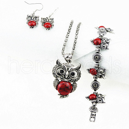 Owl Alloy & Synthetic Turquoise Pendant Necklaces & Dangle Earrings & Link Bracelets Sets FS-WG40159-01-1