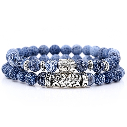2Pcs 2 Style Natural Crackle Agate Stretch Bracelets Set with Alloy Buddha Head MATO-PW0001-074K-1