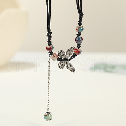 Ethnic Style Butterfly Alloy & Porcelain Beads Pendant Long Necklaces for Women FS-WG12891-18-1