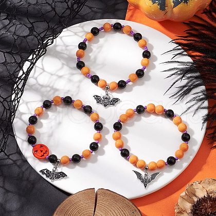 3Pcs 3 Styles Halloween Theme Baking Painted Glass & Natural Black Onyx(Dyed & Heated) & Synthetic Turquoise Round Beaded Stretch Bracelets BJEW-MZ00188-1