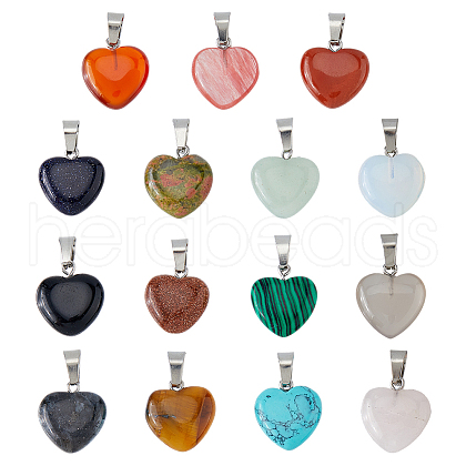 FIBLOOM 15Pcs 15 Styles Heart Gemstone Pendants G-FI0001-34-1