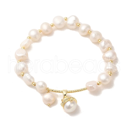 Natural Pearl & Brass Tube Stretch Bracelets BJEW-C051-08G-1