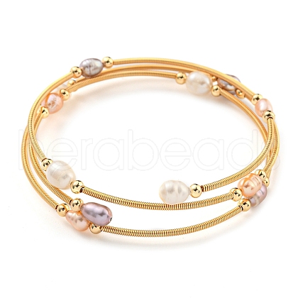 Mother's Day Jewellery Four-Loops Brass & Natural Freshwater Pearl Beaded Wrap Bracelets for Women BJEW-F470-02G-1
