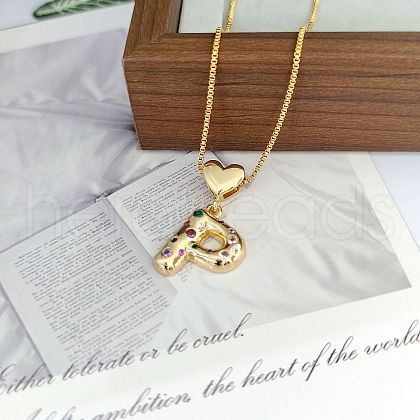 Brass Pave Colorful Cubic Zirconia Heart Initial Pendant Necklaces for Women WGF6021-19-1
