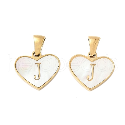 304 Stainless Steel Pave Natural White Shell Heart with Initial Slice Pendants STAS-R168-25G-J-1