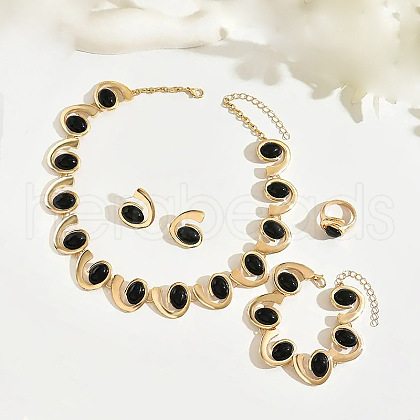 Oval Alloy & Resin Link Bracelets & Stud Earrings & Necklaces & Rings Set FS-WG4A498-01-1