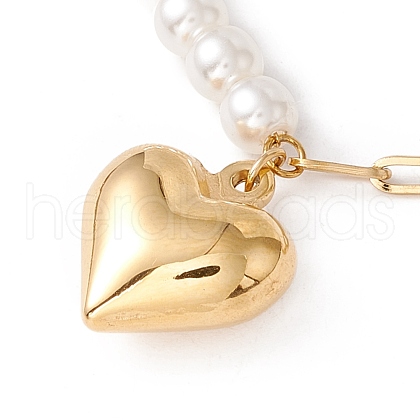 Ion Plating(IP) 304 Stainless Steel Heart Pendant Necklace with Acrylic Pearl for Women NJEW-P262-27G-1