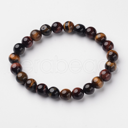 Natural Tiger Eye Round Bead Stretch Bracelets BJEW-L594-A03-1