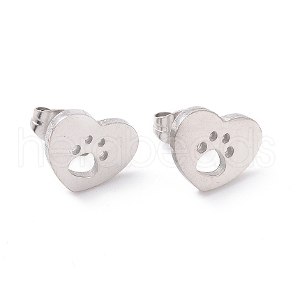 Tarnish Resistant 304 Stainless Steel Heart with Dog Paw Print Stud Earrings for Women EJEW-G328-02P-1