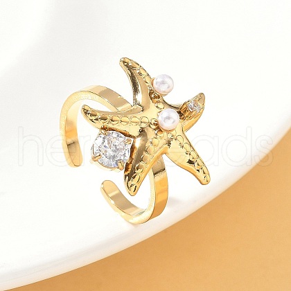 304 Stainless Steel Micro Pave Cubic Zirconia Plastic Pearl Cuff Rings RJEW-D310-02A-G-1