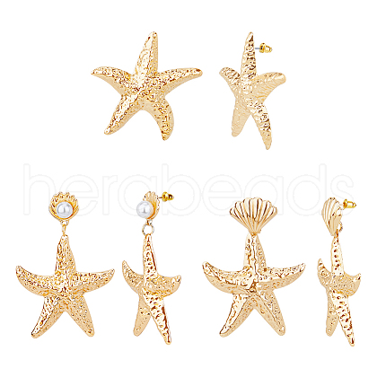 FIBLOOM 3 Pairs 3 Style Alloy Starfish Dangle Stud Earrings with Plastic Pearl Beaded EJEW-FI0002-95-1