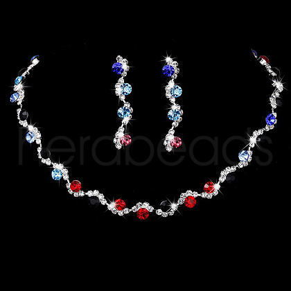 Flat Round Brass Rhinestone Chain Necklaces & Stud Earrings FS-WGE4E6D-01-1
