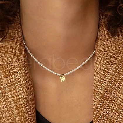 Alloy Initial Pendant White Round Imitation Pearl Beaded Necklaces for Women WG5A9DE-23-1