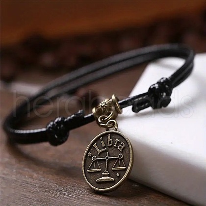 Alloy Flat Round with Constellation Charms Double Layer Black Imitation Leather Cord Adjustable Anklets WGE0879-06-1