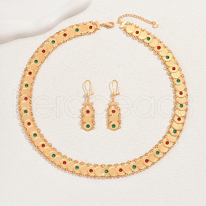 18K Gold Plated Brass Rhinestones Coin Necklace & Dangle Earrings Set for Women BV9797-1