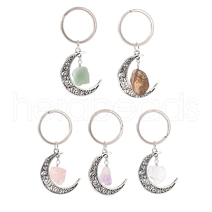 Alloy Hollow Moon Charm Keychains with Natural Gemstone Nuggets Charm KEYC-JKC00423-1