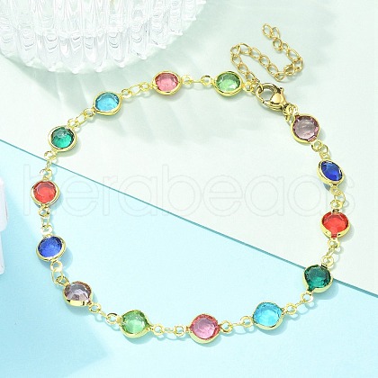 304 Stainless Steel Flat Round Acrylic Rhinestone Cup Chain Anklets for Women AJEW-B031-02G-02-1