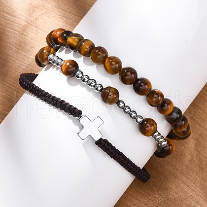 Adjustable Natural Tiger Eye & Hematite Braided Bead Bracelets BJEW-U035-01B-1