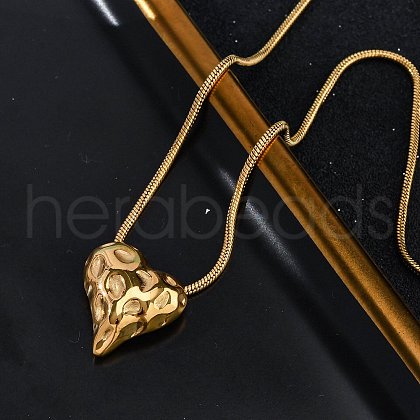 304 Stainless Steel Textured Heart Pendant Snake Chain Necklaces NJEW-U026-11G-1