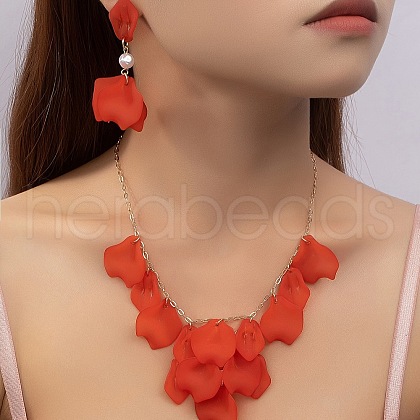 Petal Resin Charm & Alloy Pendant Necklaces & Stud Dangle Earring Sets FS-WG0777B-01-1