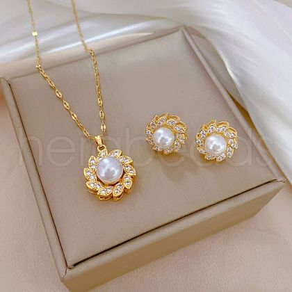 Brass Micro Pave Cubic Zirconia Pendant Necklace & Stud Earrings WG7AC39-69-1