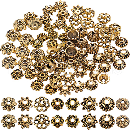 SOFPLATE 240Pcs 8 Styles Tibetan Style Alloy Flower Beads Caps FIND-SP0001-64-1