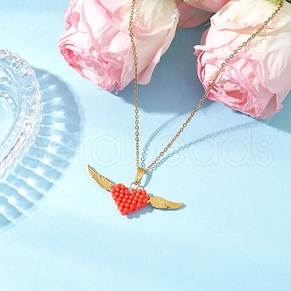 Glass Seed Beaded & Alloy Angel Heart Pendant 304 Stainless Steel Cable Chain Necklaces for Women NJEW-MZ00116-1