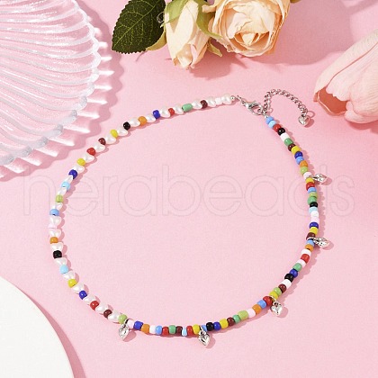 Bohemian Round Glass Seed Beaded Necklaces with Antique Silver Tone Alloy Heart Charms NJEW-JN05216-1