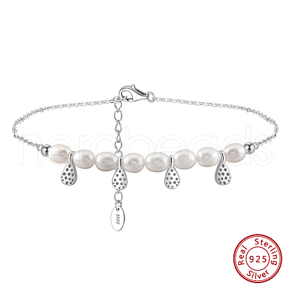 925 Sterling Silver with Natural Freshwater Pearls Anklet AJEW-Z029-03P-1