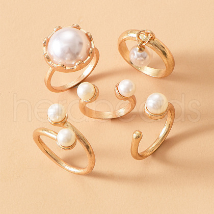 Zinc Alloy & Plastic Imitation Pearl Round Beads Finger Rings Sets WG9DC8A-01-1