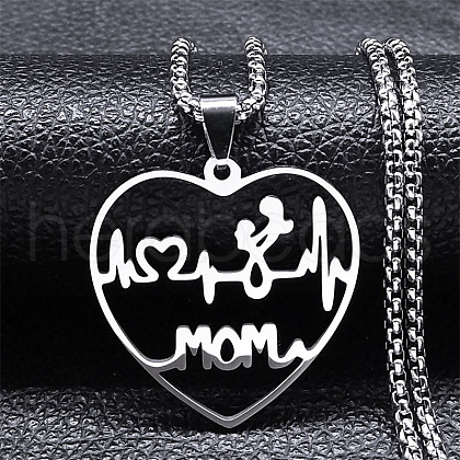 Mother's Day 304 Stainless Steel Hollow Cut Mom Love Heart Pendant Necklaces NJEW-H065-24P-1