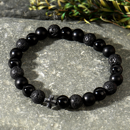 Natural Lava Rock & Black Stone & Black Obsidian Round Beads Stretch Bracelets WS9904-1-1