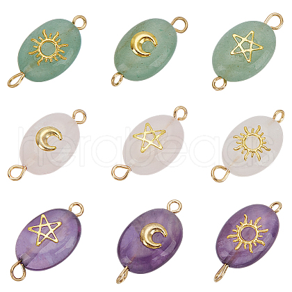 18Pcs 9 Styles Natural Green Aventurine & Amethyst & Rose Quartz Connector Charms PALLOY-HY00037-1