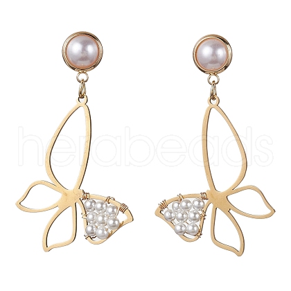 Butterfly Shell Pearl Dangle Stud Earrings EJEW-TA00356-1