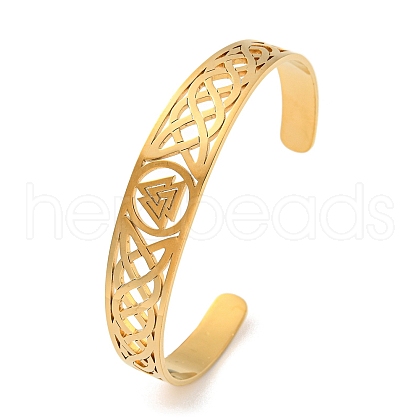 Viking Hollow Out Stainless Steel Valknut Open Cuff Bangles for Women BJEW-G708-02G-1