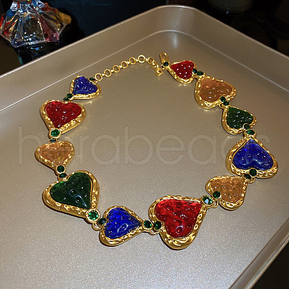 Medieval-Style Alloy Pave Colorful Resin Heart Link Chain Choker Necklaces for Women FS-WG60C09-01-1