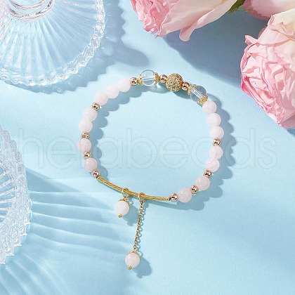 Natural Rose Quartz Round Beaded Charm Bracelets for Women BJEW-JB11931-03-1