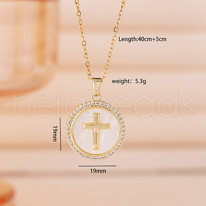 Brass Micro Pave Clear Cubic Zirconia Flat Round Cross Pendant Necklaces for Women FS-WG5A333-04-1