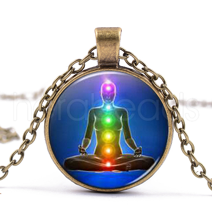 Chakra Theme Yoga Human Glass Pendant Necklace CHAK-PW0001-022B-1