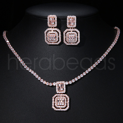 Square Brass Micro Pave Clear Cubic Zirconia Pendant Necklaces & Stud Dangle Earrings Sets FS-WG98D1F-02-1