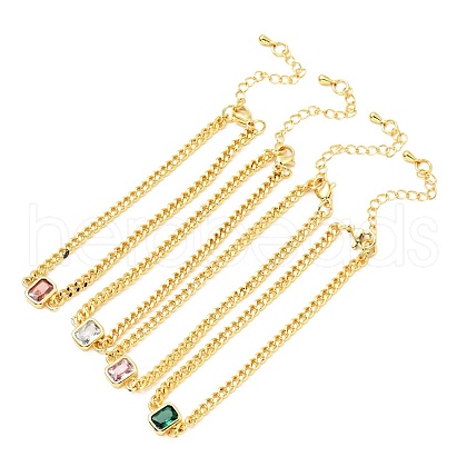 Cubic Zirconia Rectangle Link Bracelet with Curb Chains BJEW-A127-07G-1