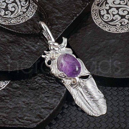 Vintage Natural Amethyst Alloy Feather Pendant Necklace for Women Men AO2435-4-1