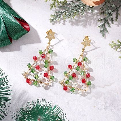 Christmas Trees Glass Beads Dangle Stud Earrings EJEW-TA00659-1